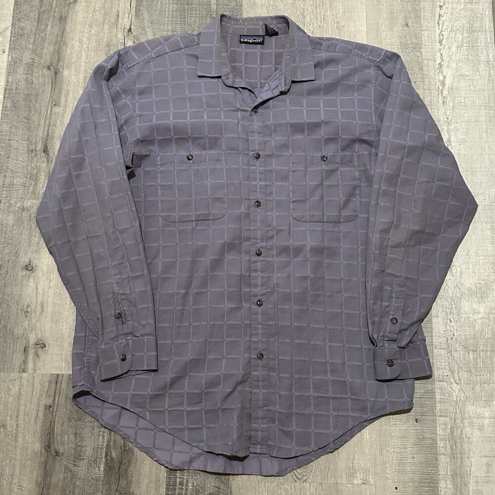 Vintage Patagonia Men’s Casual Button Down Shirt Large Purple Windowpane Plaid